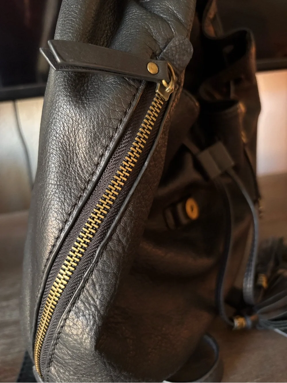 Vintage Super Soft Black Leather Lucky Brand Women’s Backpack with Tassel Accent